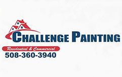 Logo for Challenge Painting featuring red houses above the company name in blue text; below, a red banner reads Residential & Commercial with the phone number 508-360-3940.
